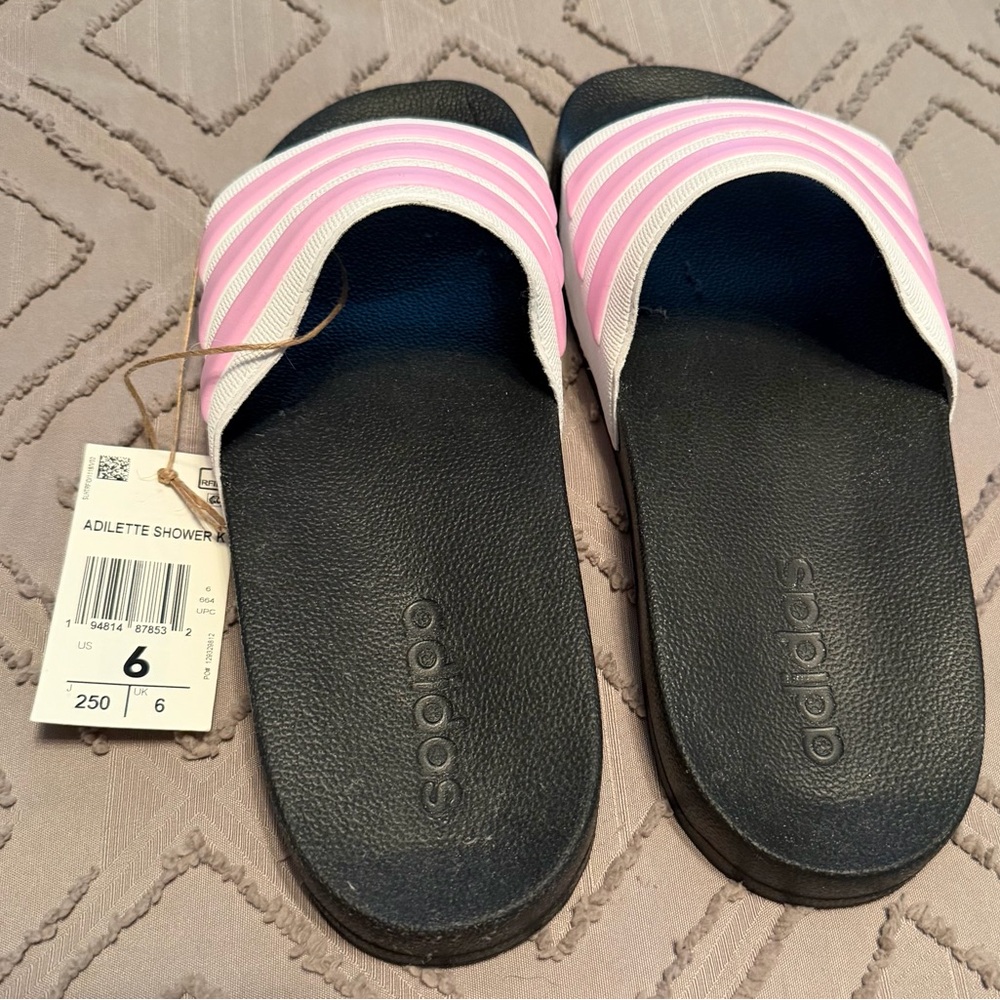 Adidas Pink and White Striped Slides. NWT